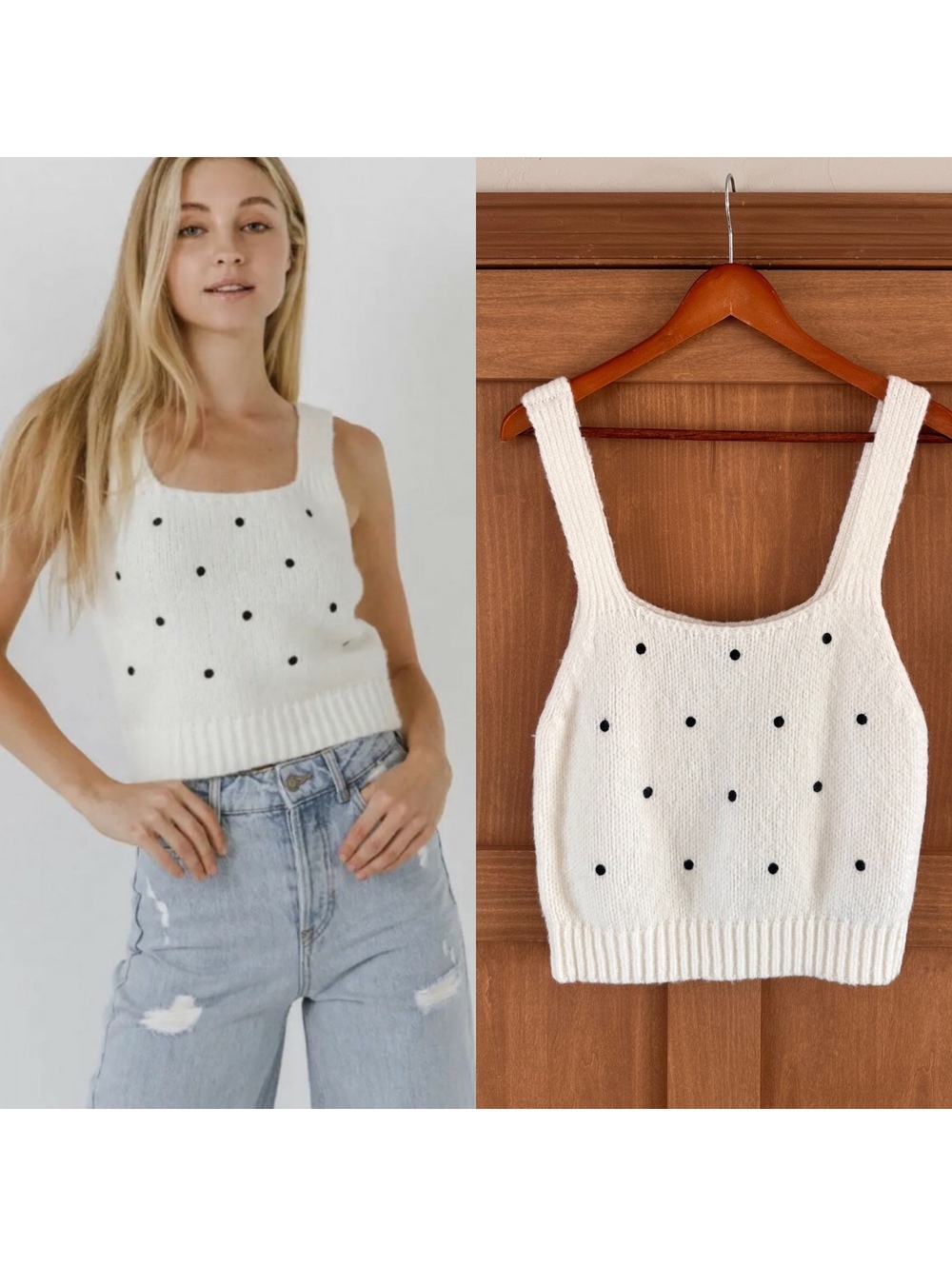 English Factory Polka Dot Embroidered Sweater Tank Top in White Women’s XL